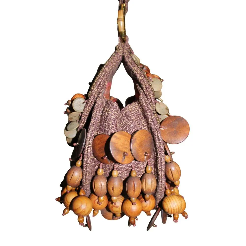 Mary Frances Beaded Wood Fringe Wristlet Bag With COA - Picture 3 of 8